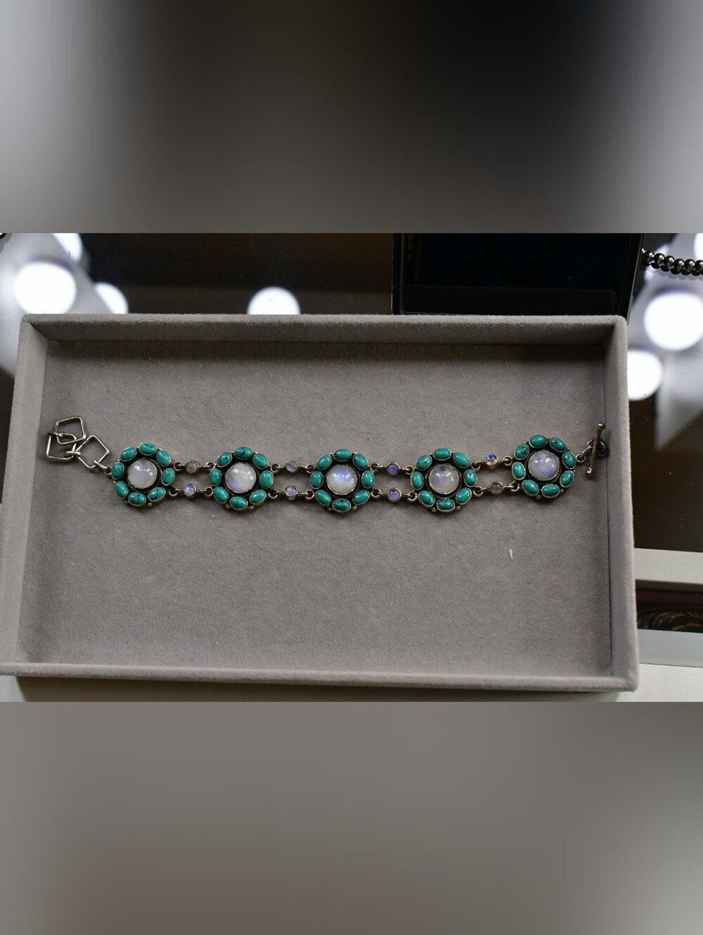 Moonstone & Turquoise Floral Link Bracelet - Sterling Silver